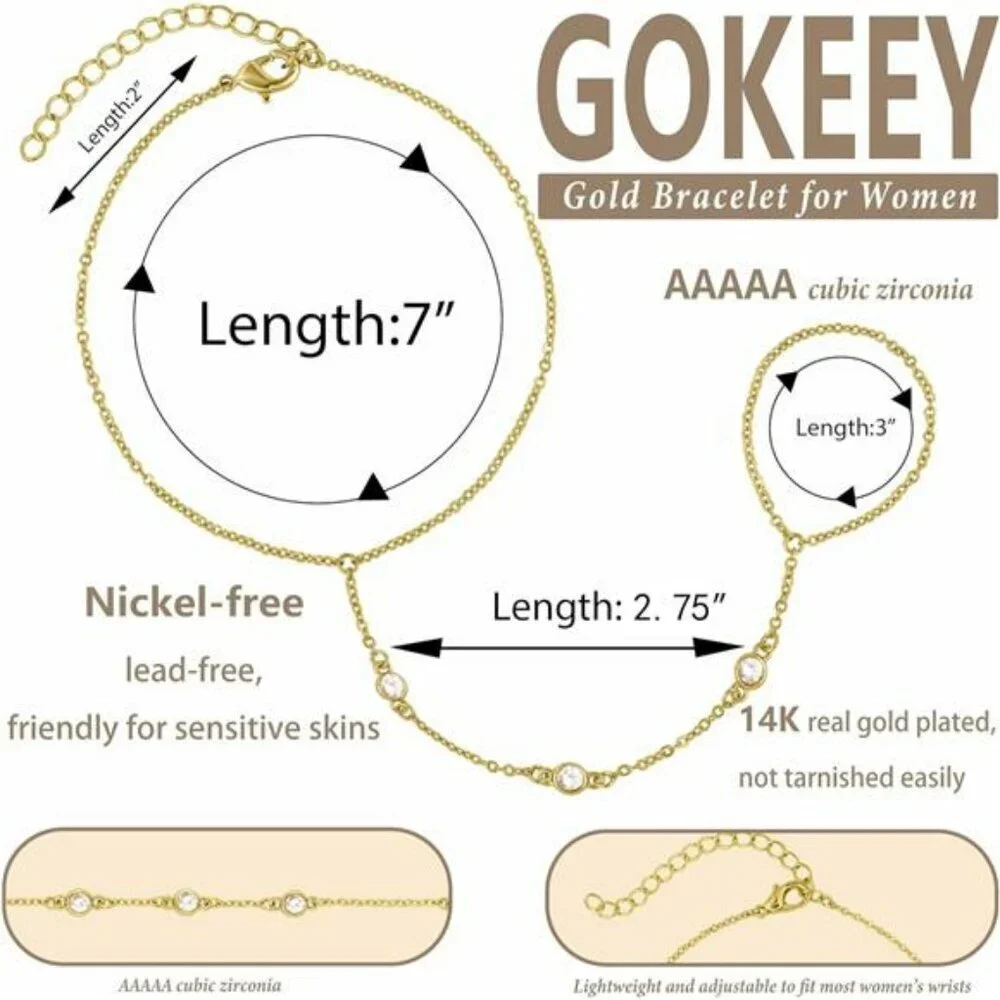 Gold hand chain bracelet ring slave cuff dainty 14k gold plated cubic zircon jew
